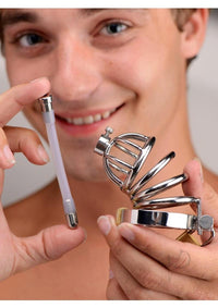Stainless Steel Chastity Cage with Silicone Urethral Plug