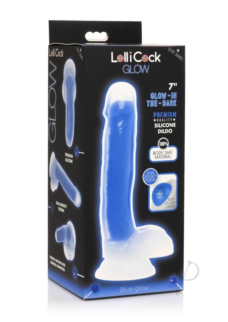 Lollicock Glow in the Dark Silicone Dildo with Balls 7in Blue