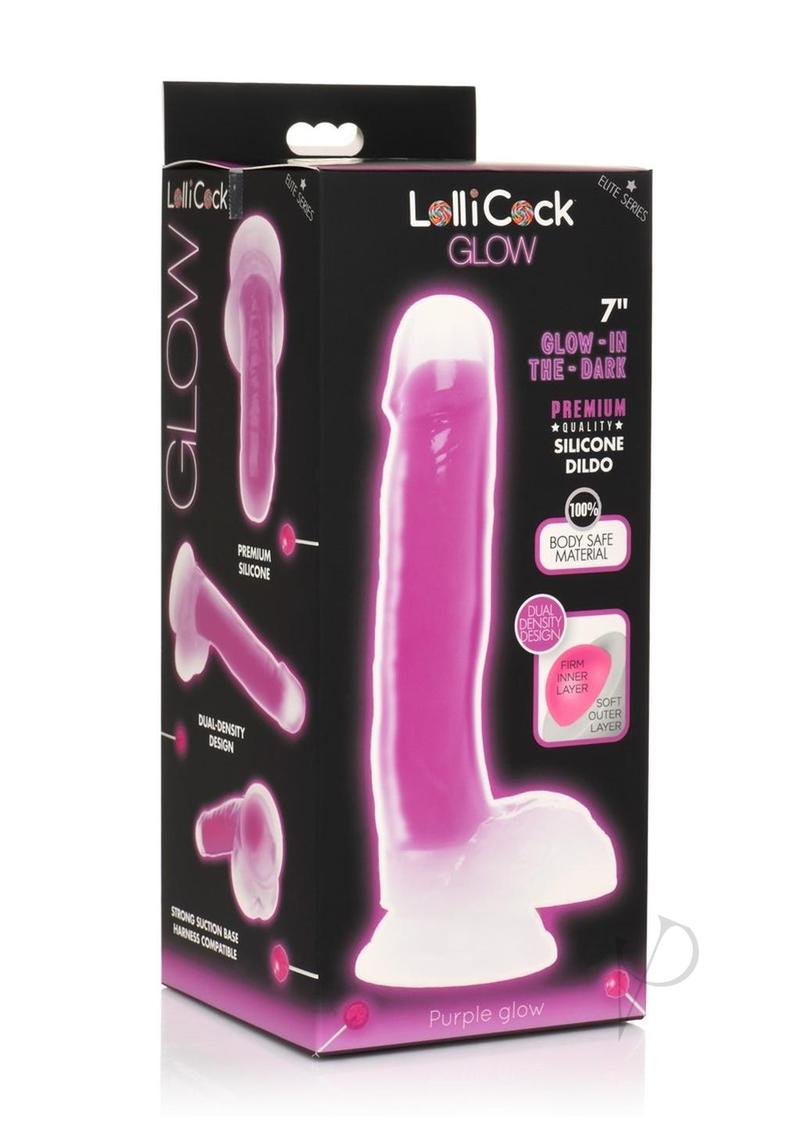 Lollicock Glow in the Dark Silicone Dildo with Balls 7in Purple