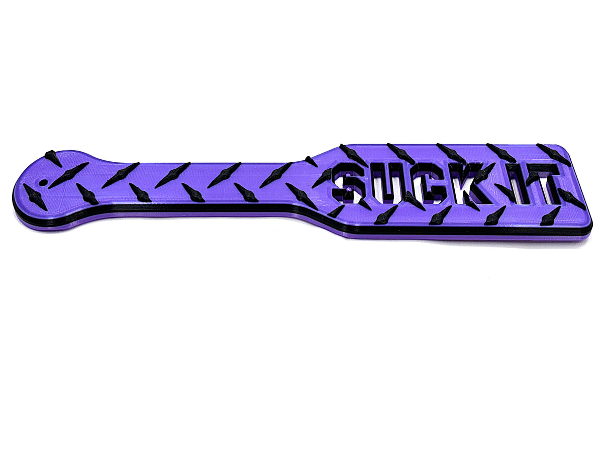 3D Printed Spanking Paddle SUCK IT Purple and Black