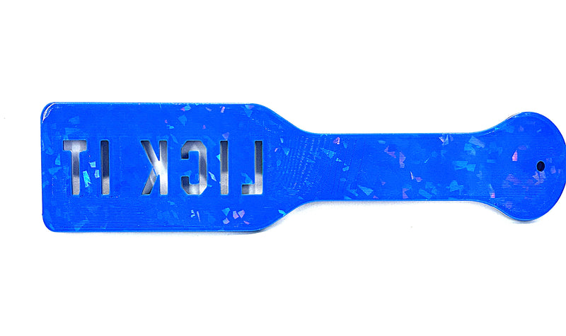 3D Printed Spanking Paddle LICK IT Blue and Glow in the Dark