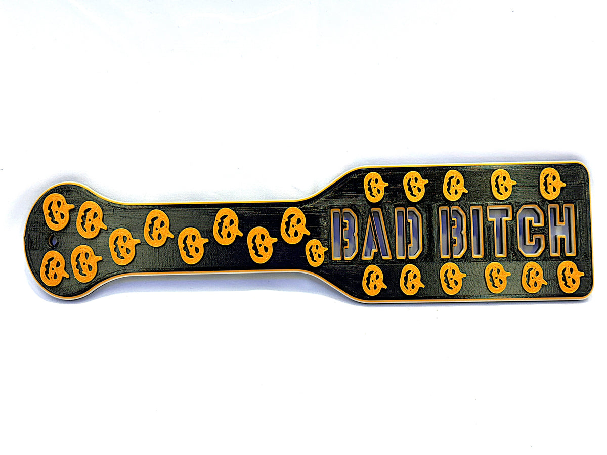 3D Printed Spanking Paddle BAD BITCH Black Orange and Glow in the Dark