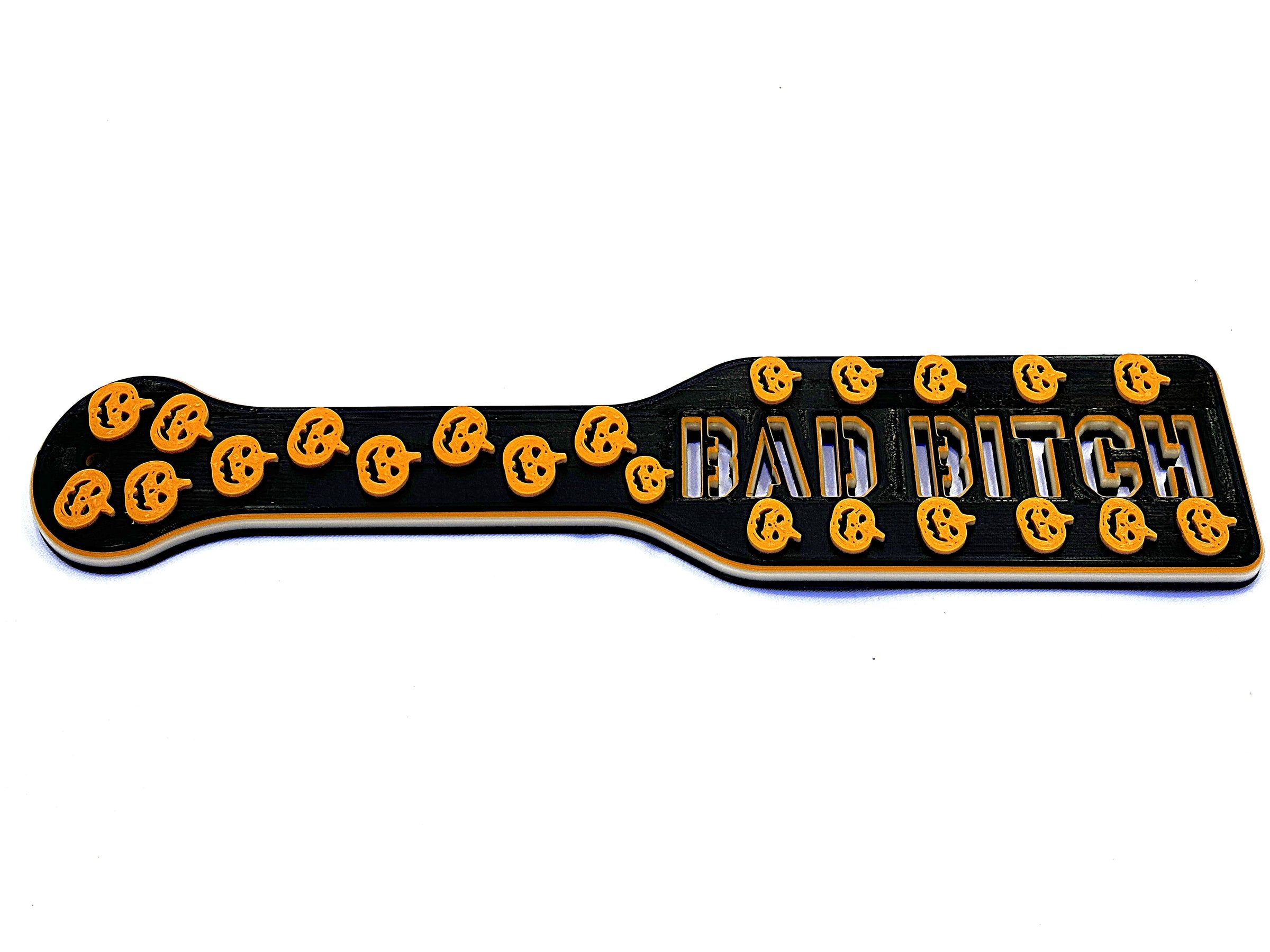 3D Printed Spanking Paddle BAD BITCH Black Orange and Glow in the Dark