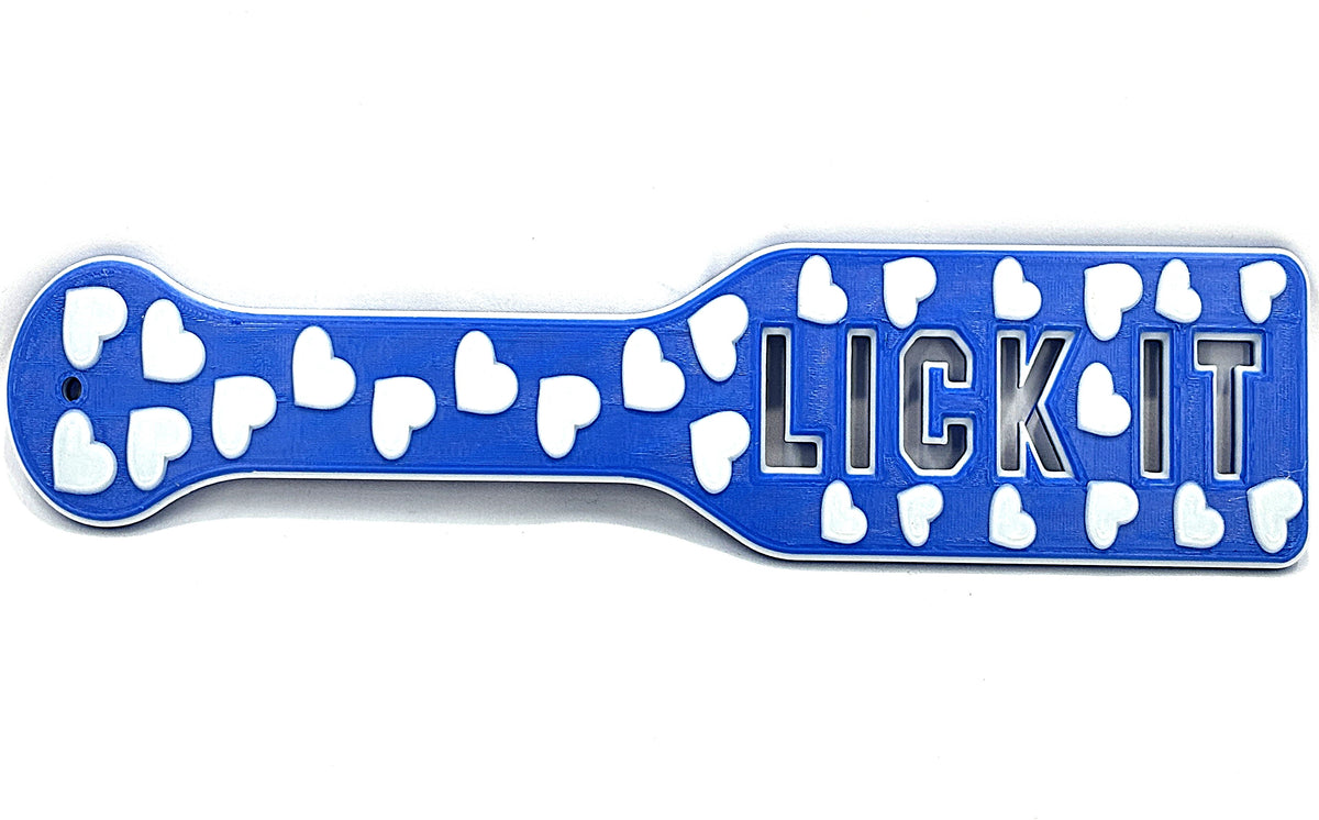 3D Printed Spanking Paddle LICK IT Blue and Glow in the Dark