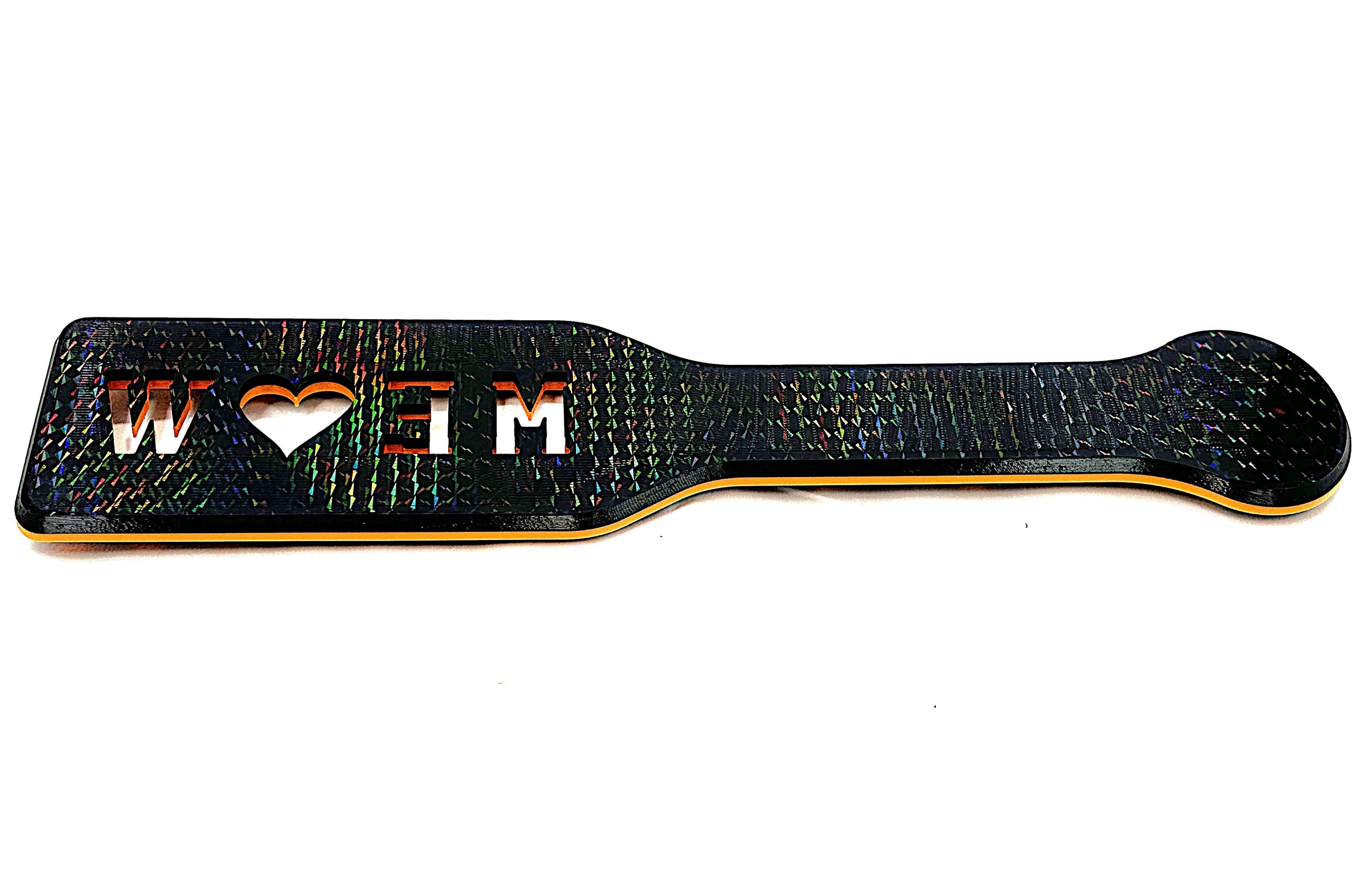 3D Printed Spanking Paddle MEOW Black and Orange