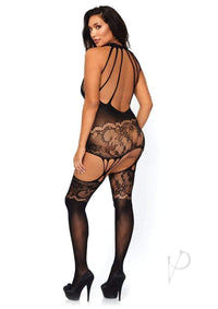 Seamless Floral Bodystocking Plus Black