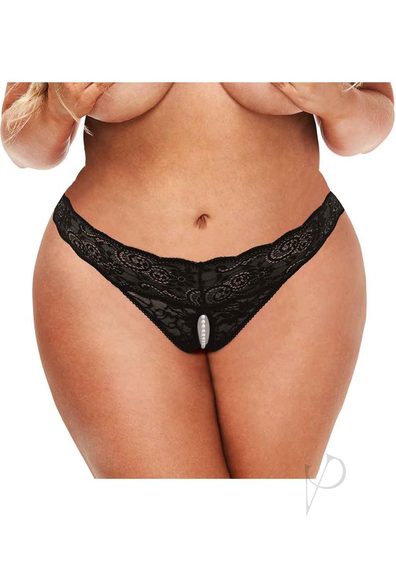 Sk Lace and Pearl Crotchless Thong Blk Q