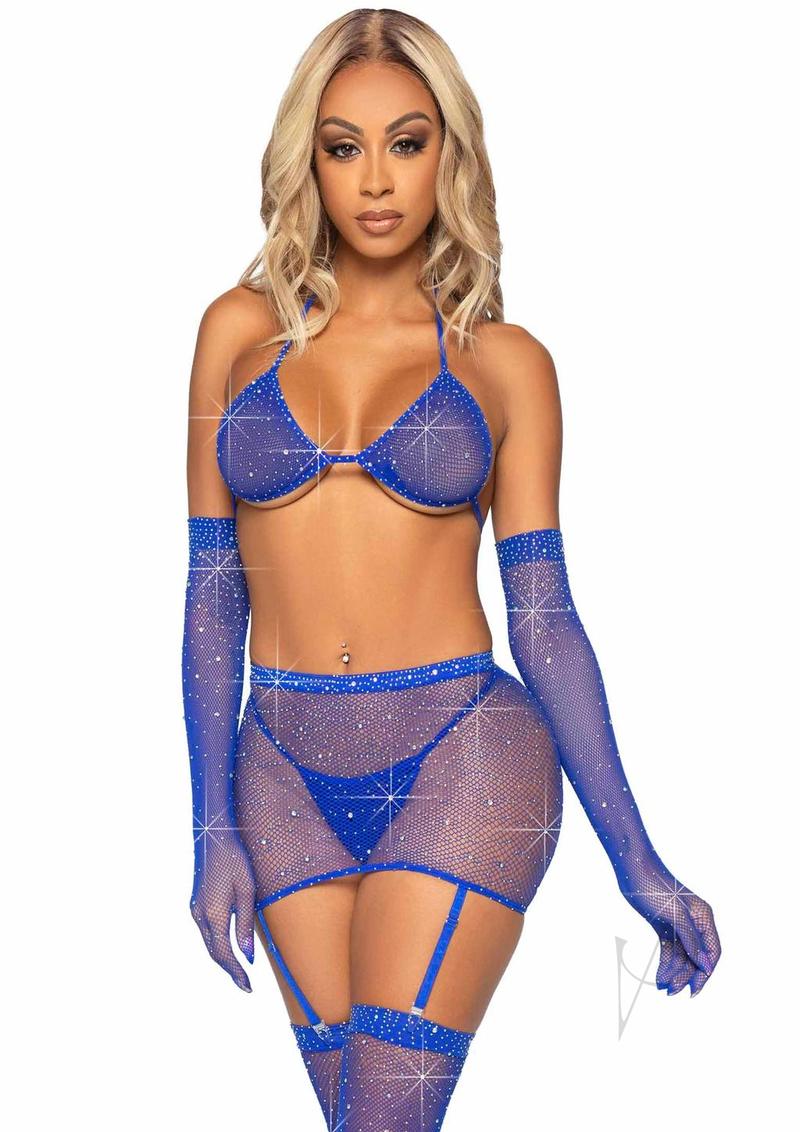 Rhinestone Garter/bikini 5pc Os Blue