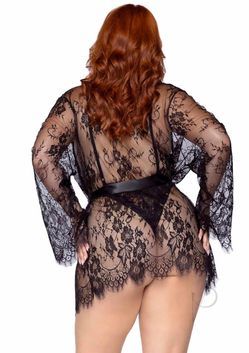 Floral Teddy Thong Robe 3pc 1x/2x Black