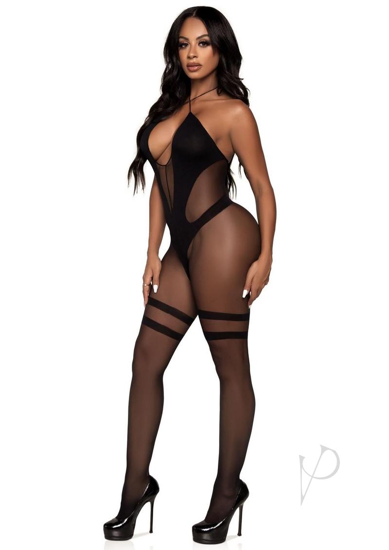 Opaque Sheer Halter Bodystocking Os Blk