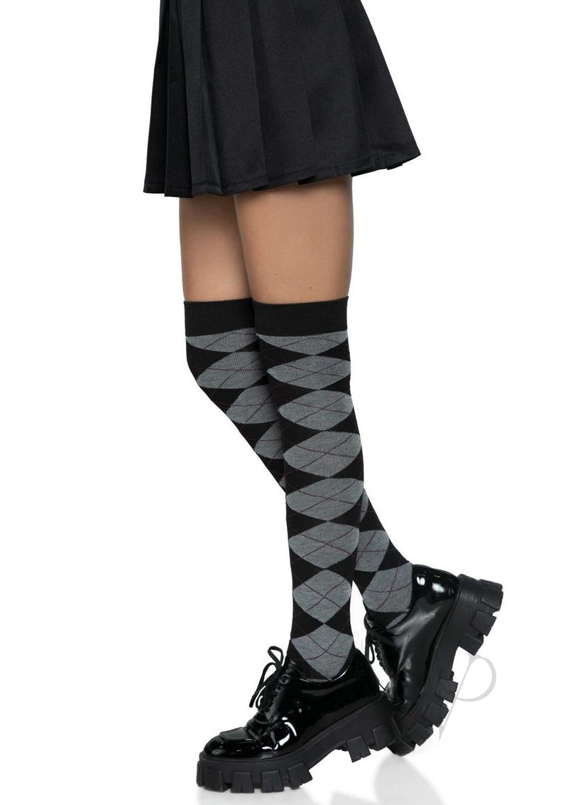 Argyle Knit Over The Knee Socks Os Grey