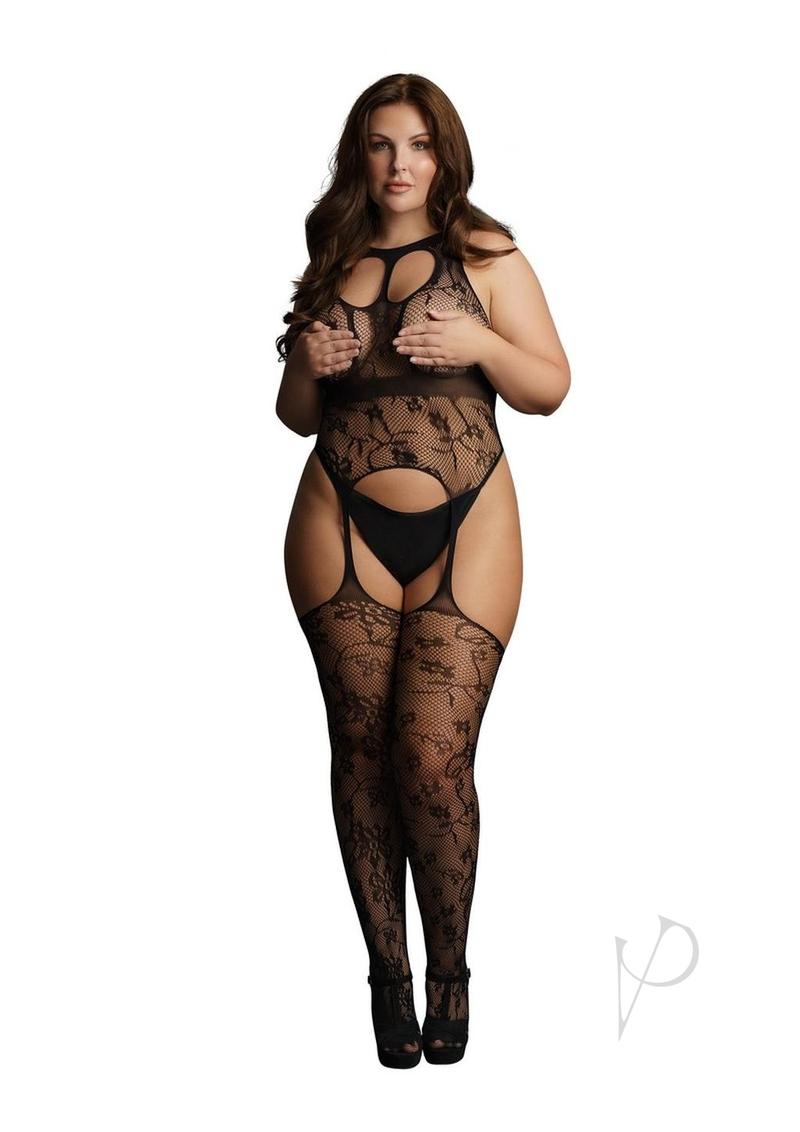 Lace Suspender Bodystock Round Qn Blk