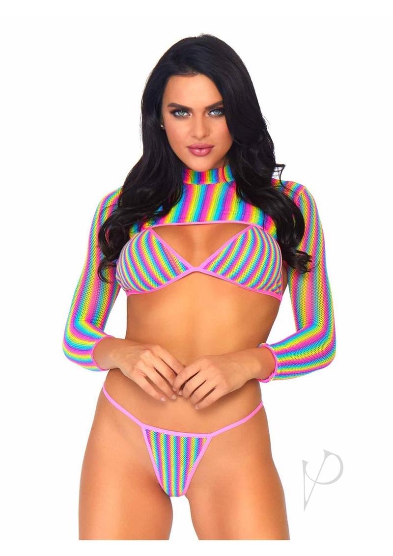 Rainbow Fishnet Bikini 3pc Set Os