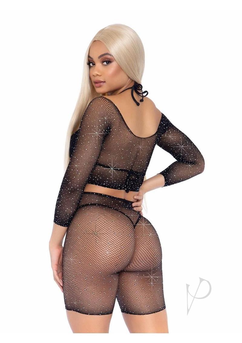 Rhinestone Fishnet Top/shorts Os 2pc Blk