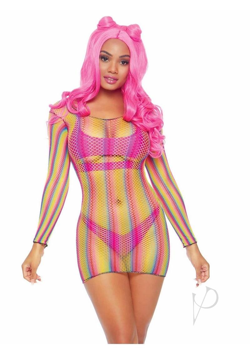 Rainbow Fishnet Sleeve Mini Dress Os