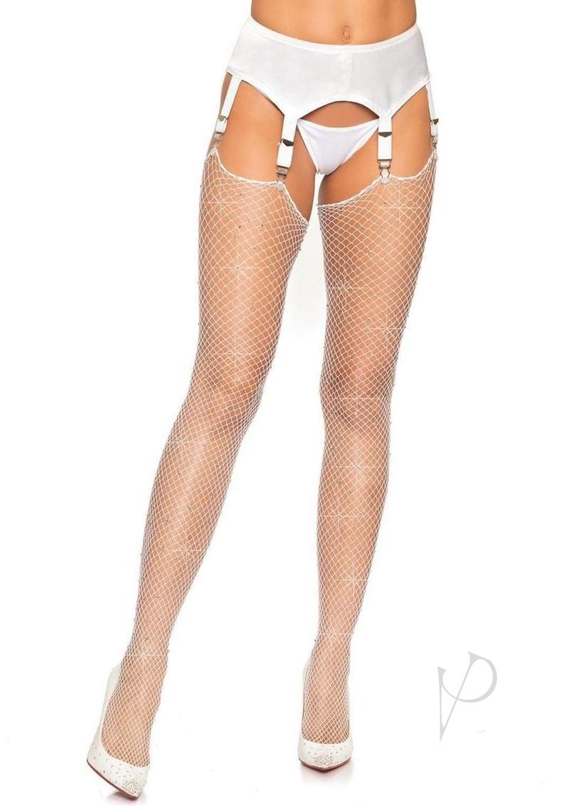 Rhinestone Fishnet Stockings Os White