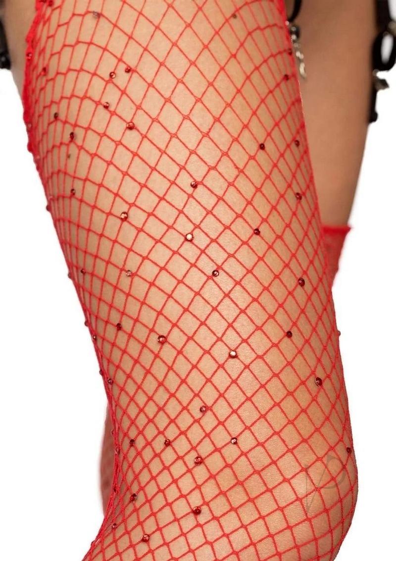 Rhinestone Fishnet Stockings Os Red