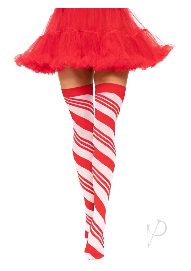 Spandex Candy Cane Thigh High Os Red/wht