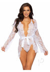 Floral Lace Teddy Thong Robe Tie Sm Wht