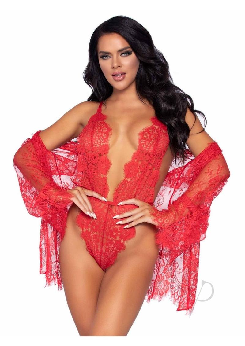 Floral Lace Teddy Thong Robe Tie Sm Red