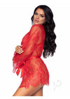 Floral Lace Teddy Thong Robe Tie Sm Red