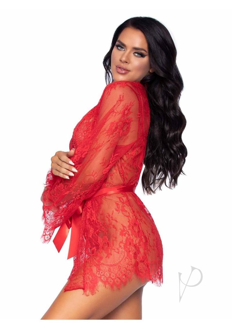 Floral Lace Teddy Thong Robe Tie Sm Red