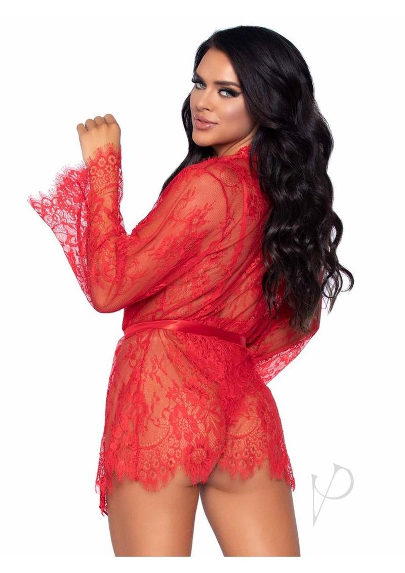 Floral Lace Teddy Thong Robe Tie Sm Red