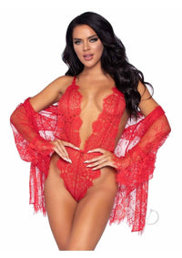 Floral Lace Teddy Thong Robe Tie Md Red