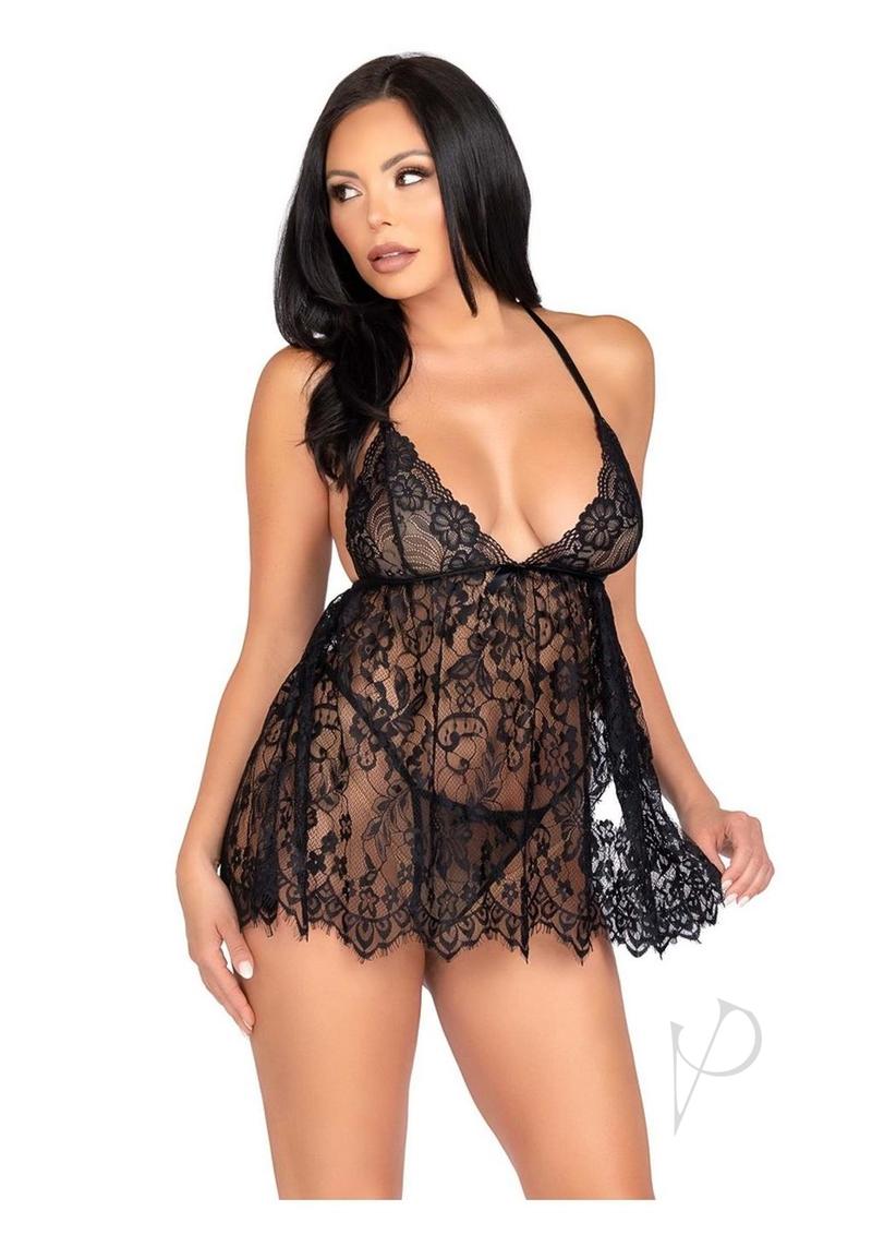 Floral Babydoll Eyelash Gstring Sm Blk