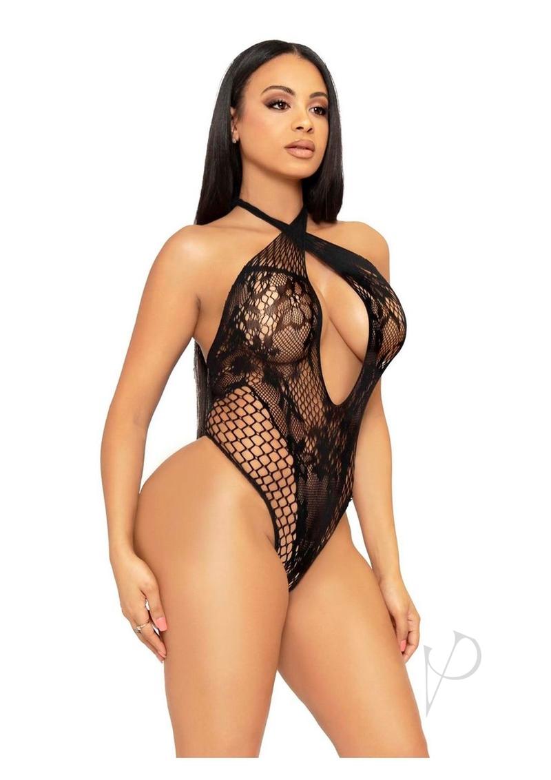 Lace Net Keyhole Halter Teddy Os Blk