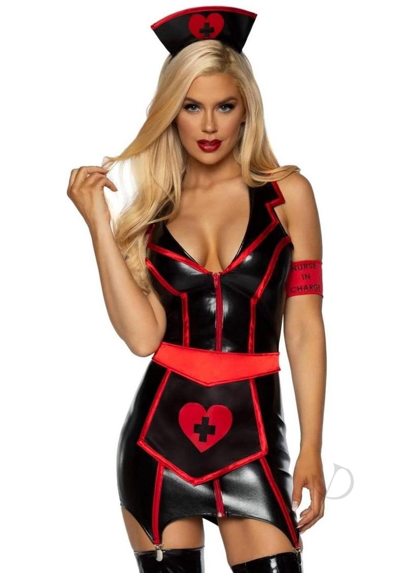 Naughty Nurse Wet Look 4pc Xs Blk/red