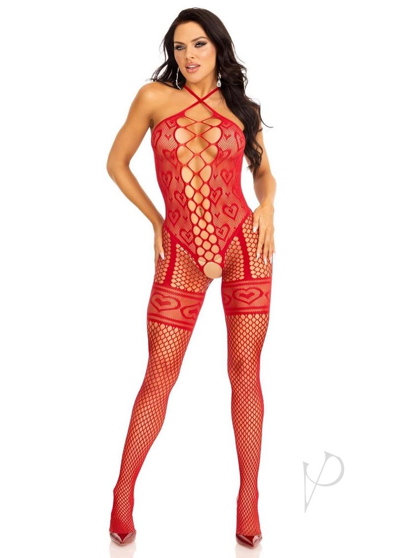 Heart Halter Bodystocking Garter Os Red