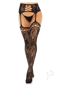 French Rose Lace Stocking/garterbelt Blk