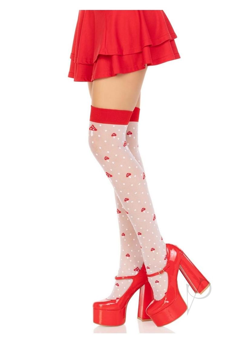 Spandex Dot Mushroom Thigh High Wh/rd