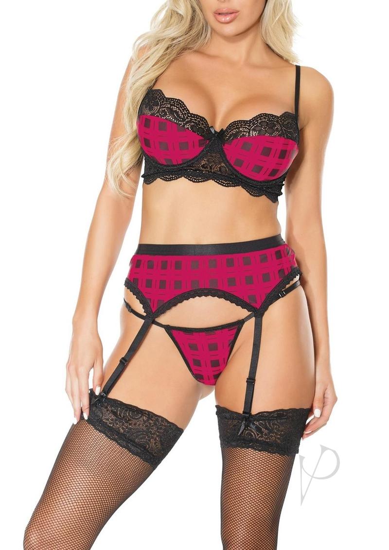 Bra Garter Gstring Plaid Pnk Md