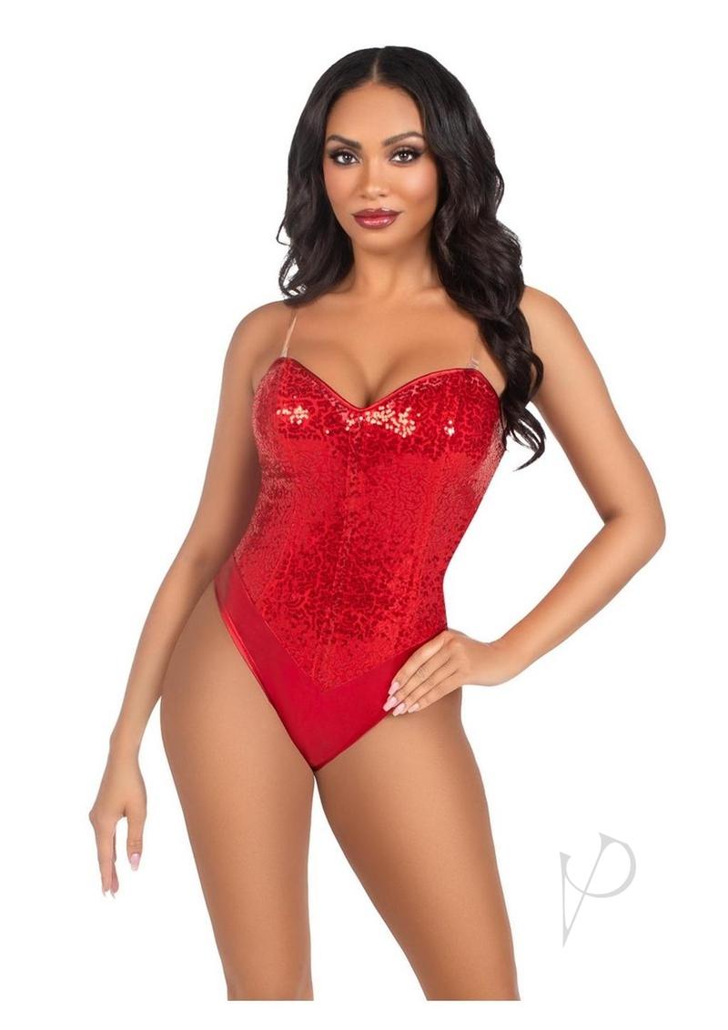 Sequin Bone Snap Bodysuit Strap Md Red