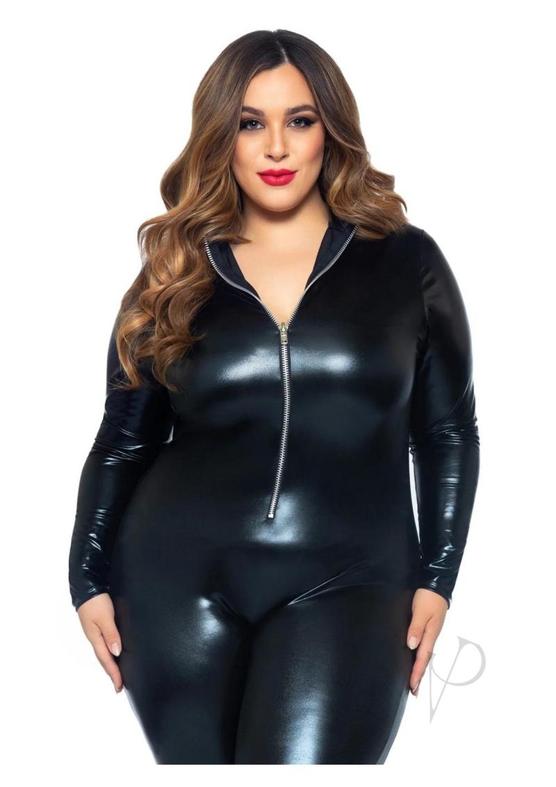 Lame Zipper Cat Suit 1x/2x Blk