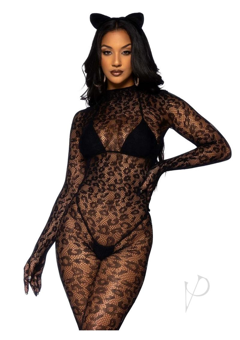 Seamless Leopard Glove Catsuit Os Blk