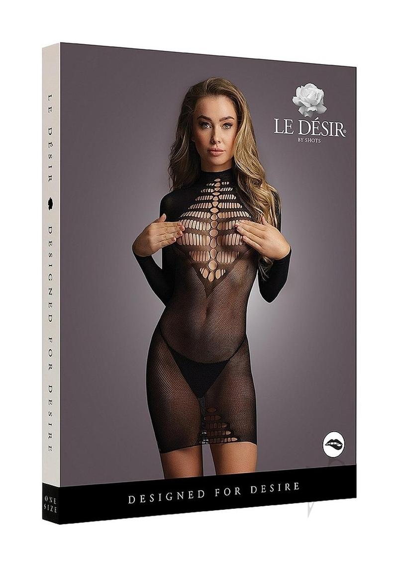 Long Sleeve Fishnet Dress Os Blk