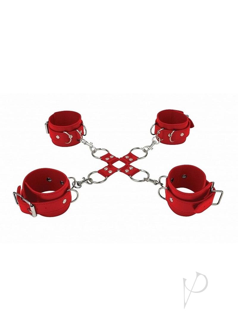 Ouch Leather Hand Legcuffs Red