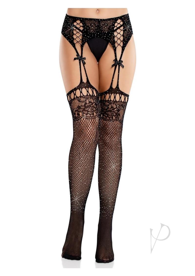 Rhinestone Lace Stocking Garter Blk Os