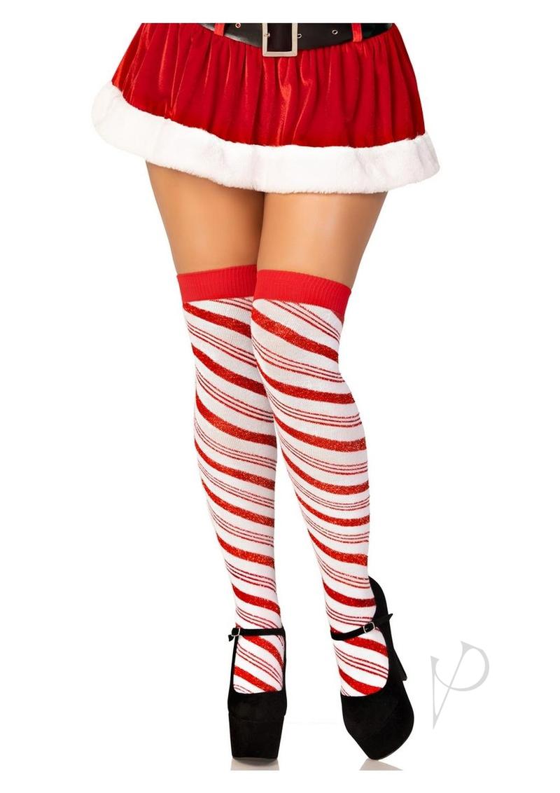 Candy Cane Lurex Over Knee Socks Wht Os