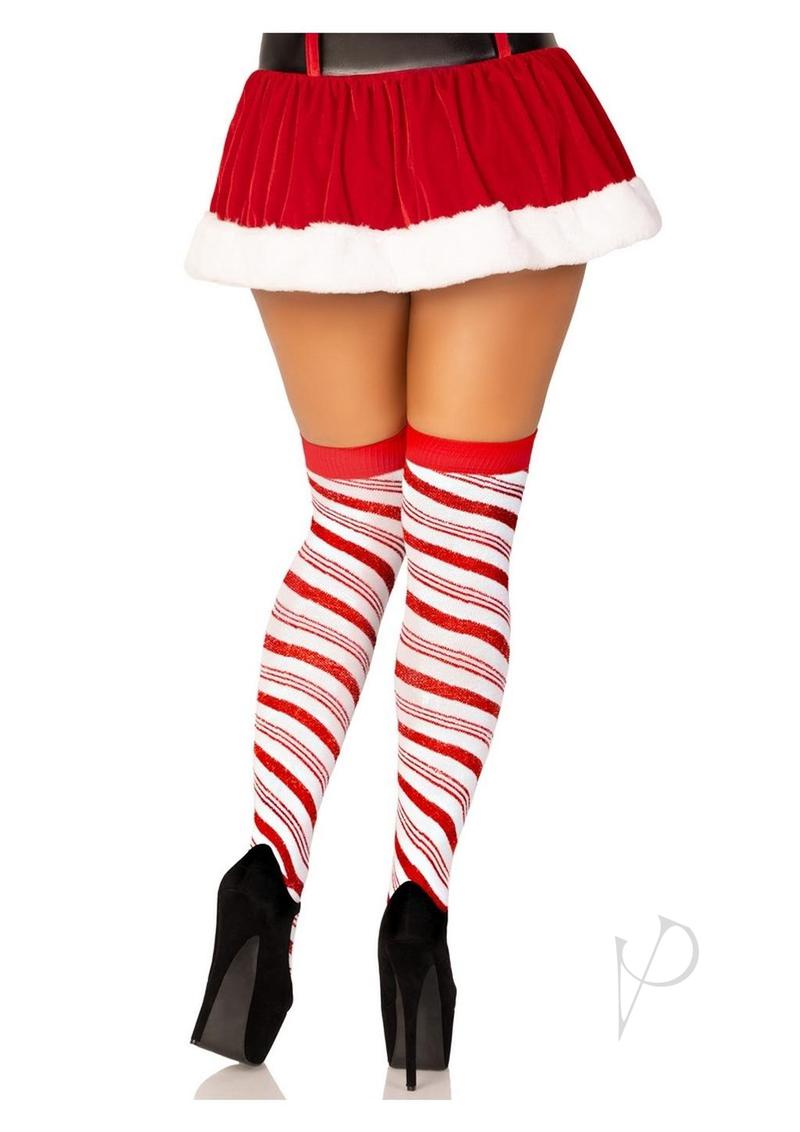 Candy Cane Lurex Over Knee Socks Wht Os