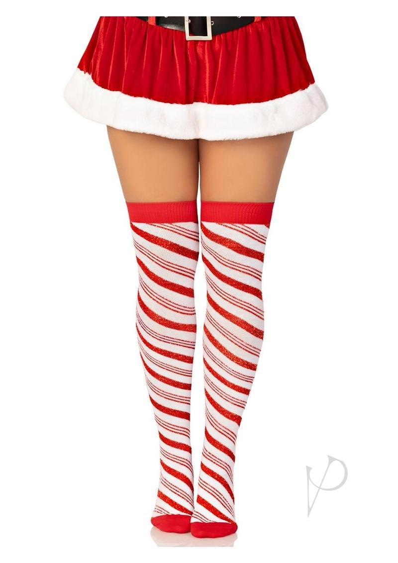 Candy Cane Lurex Over Knee Socks Wht Os