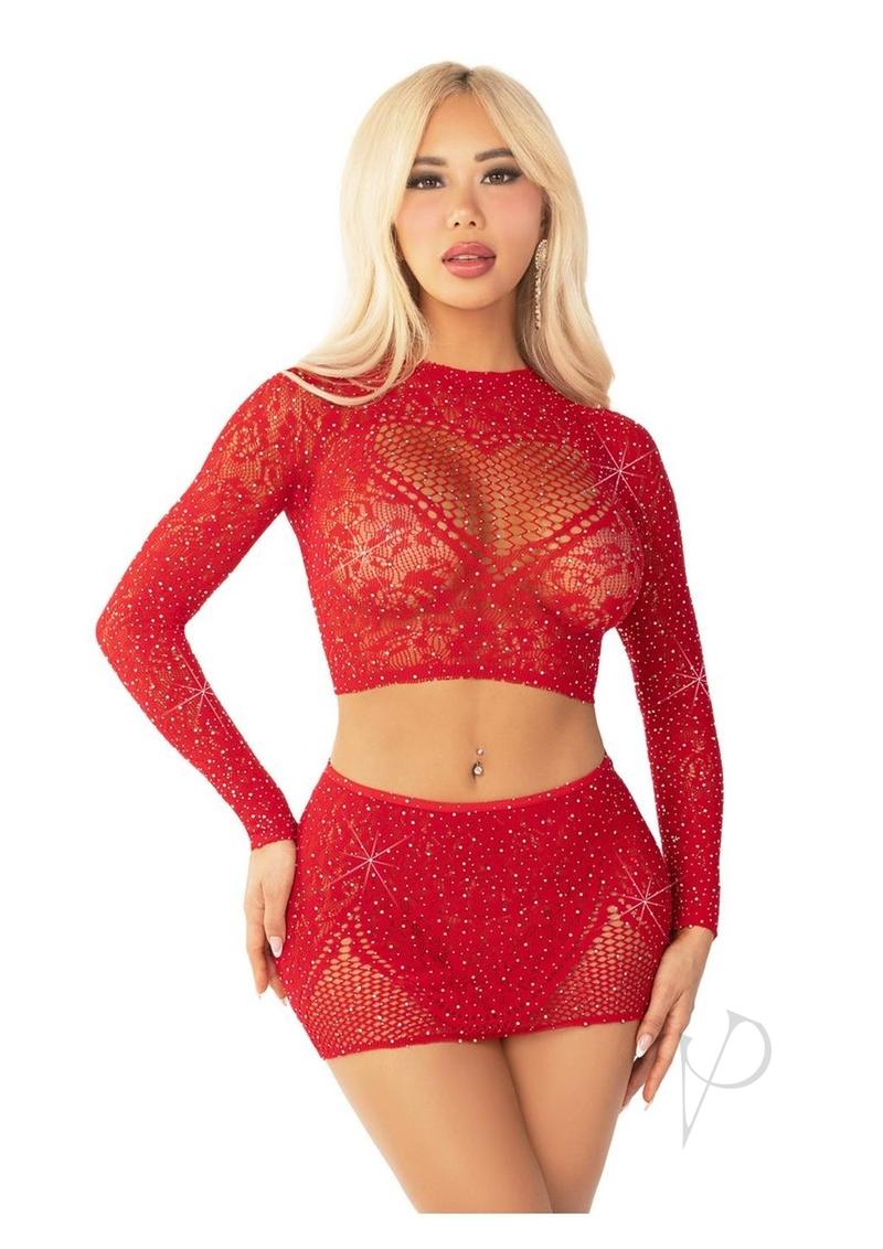 Rhinestone Lace Crop Mini Skirt Red Os