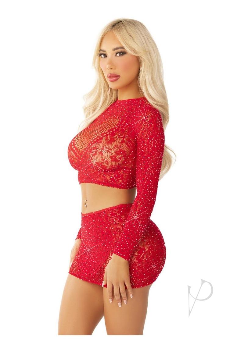 Rhinestone Lace Crop Mini Skirt Red Os