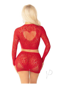 Rhinestone Lace Crop Mini Skirt Red Os