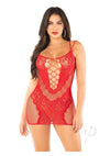 Lace Net Mini Dress Dual Strap Red Os