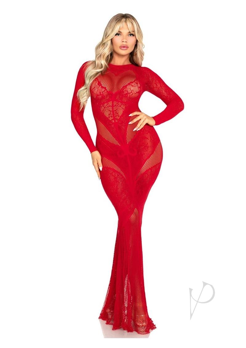 Lace Net Body Con Gown Heart Red Os