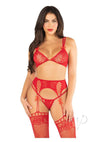 Lace Bra Duo Strap Gstring Garter Red Os